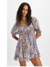 NWOT Free People Marney Mini Dress Floral Printed Puff Sleeve Ribbon M