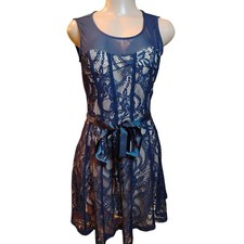 Candalite Navy Blue Lace Mesh Fit and Flare Cocktail Dress Small RN 142687