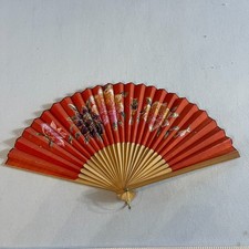 Vintage Wooden  Paper Hand Fan Fold Up 1920-1930s Japan Floral Red - Antique