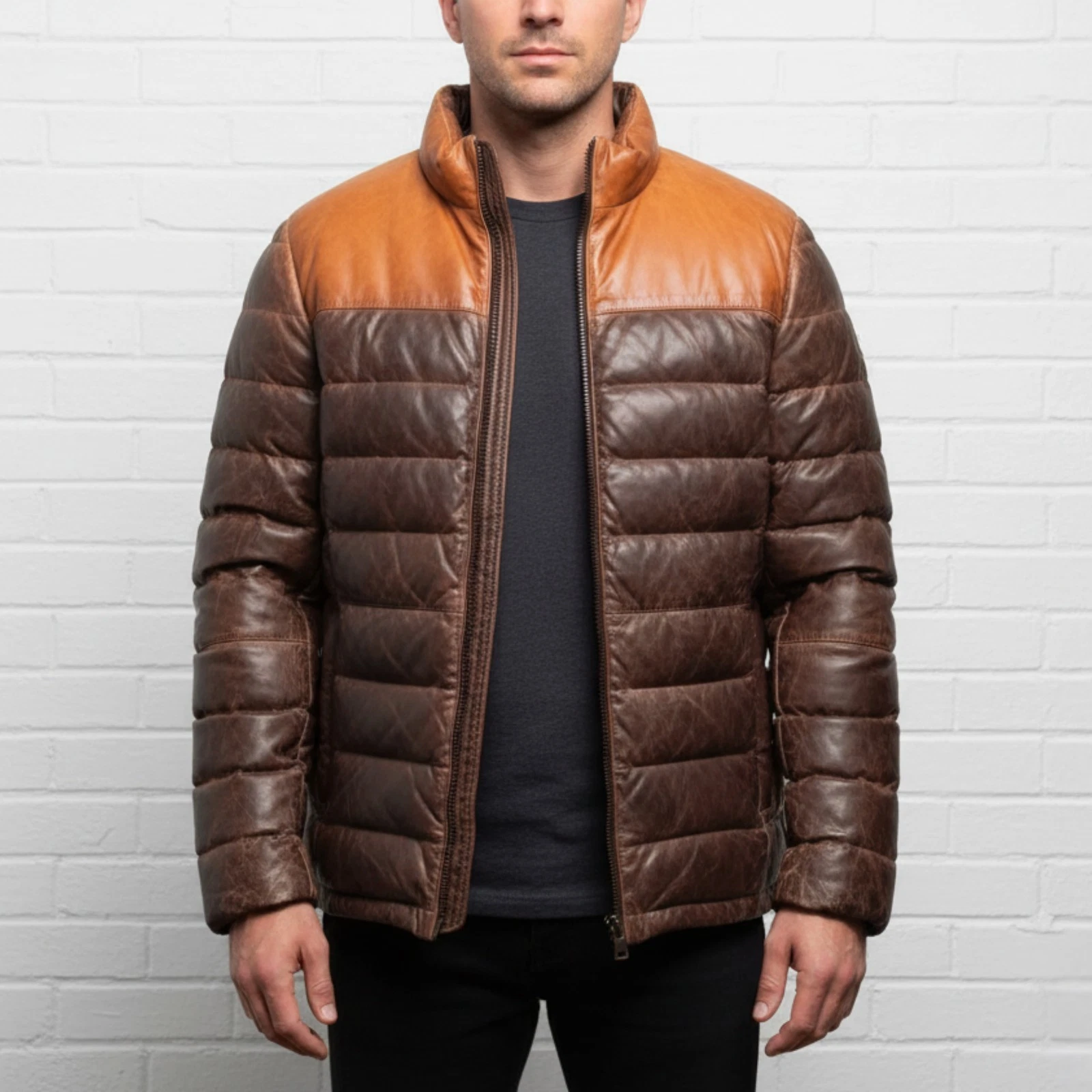 Puffer Jacket for Men Genuine Lambskin Leather Two-Tone Lightweight Outerwear