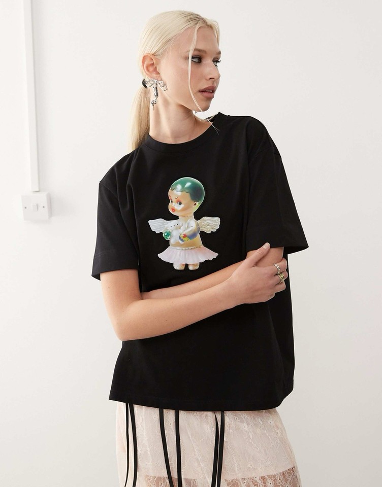 HERETIC NINE Black Oversized Patch Tee Bow Detail Size S Small Boxy Fit VGC