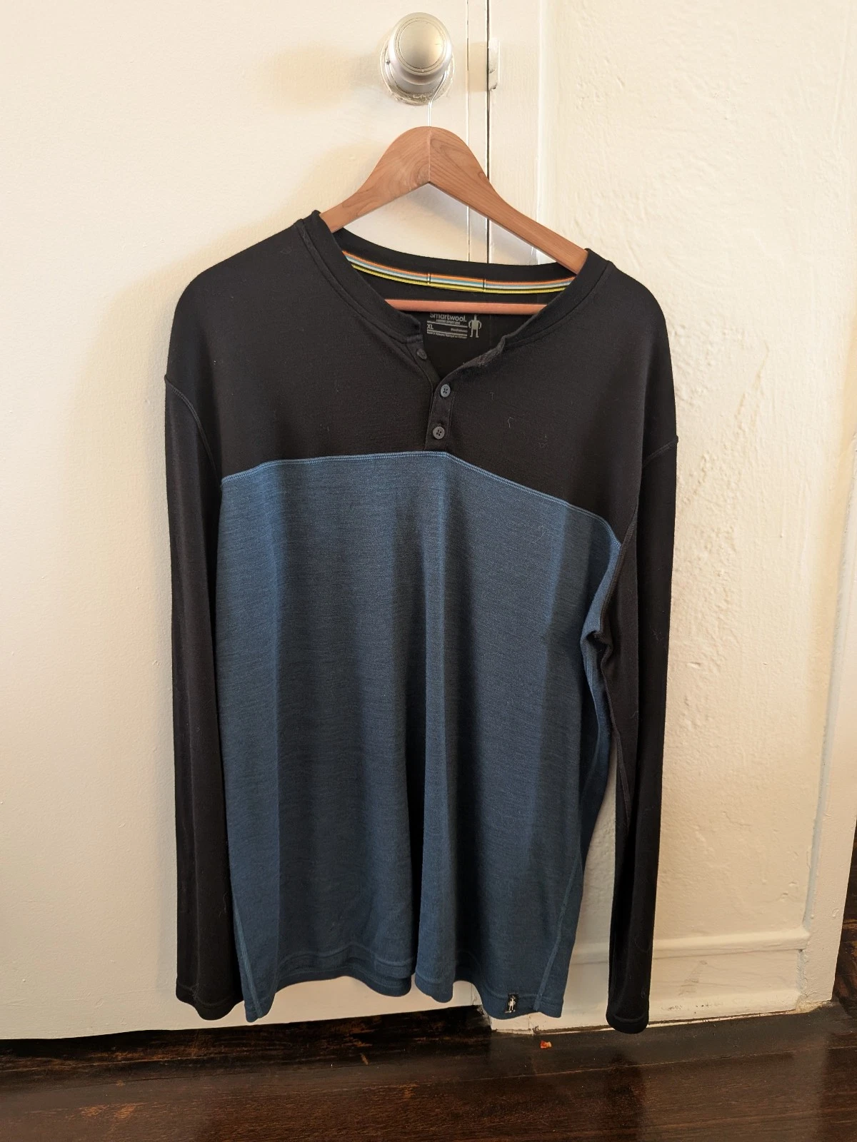 Smartwool Shirt Mens XL Henley Black Teal 250 Merino Wool Thermal Base Layer