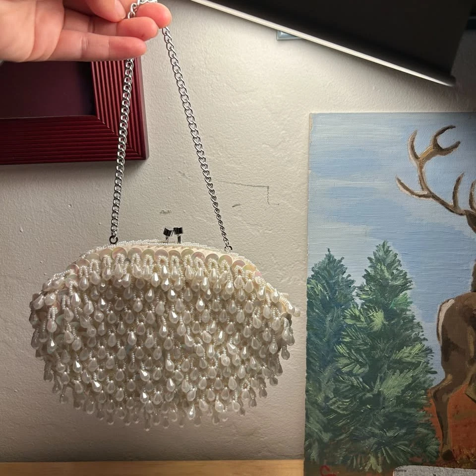 Vintage Beaded Evening Bag Hong Kong 1950s Handmade Pearl Sequin Clutch Purse - Image 2 of 4