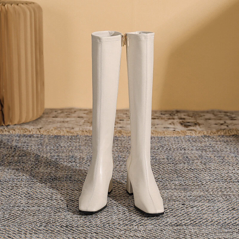 Mujeres Otoño Imitación Cuero Cremallera Lateral Puntera Cuadrada Tacones Medio Bloque Botas Hasta la Rodilla Foto 2 de 4