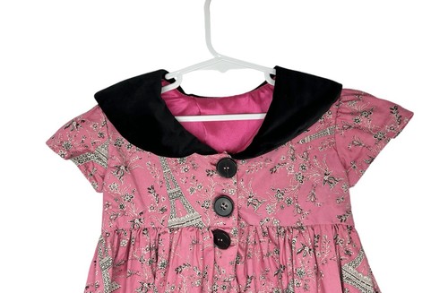Handmade Girls Toddlers Pink Eiffel Tower Felt Button Dress Fit Size 3-4 - Picture 3 of 7