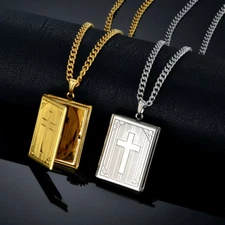 Cross Locket Pendant Necklace for womans mens 14k Gold/925 Silver Plated Couple