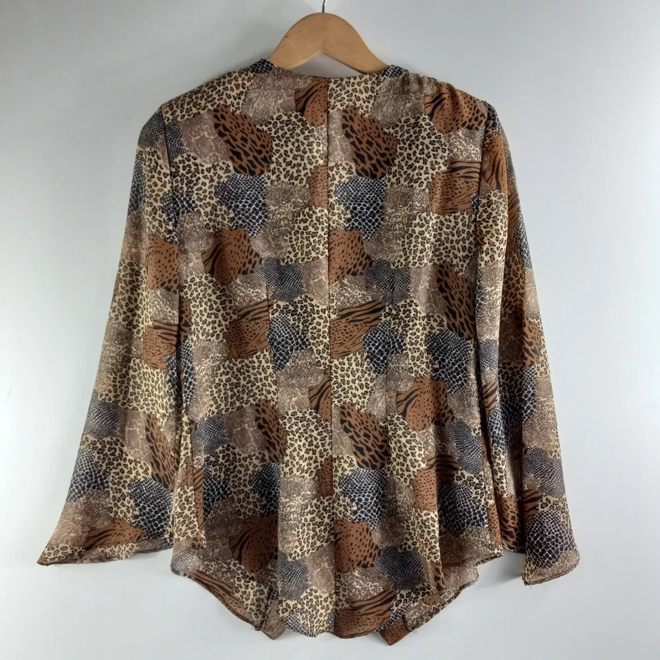 复古 Dressbarn 衬衫上衣女式 8 码棕色黑色动物印花 V 领 — 第 2/4 张图片