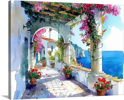 Flowers On Balcony Overlooking Mediterranean Sea Print Gallery Canvas Wrap