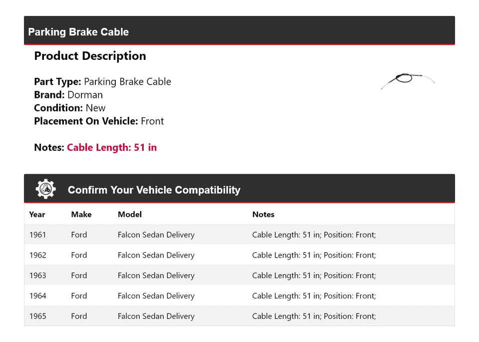 For 1961-1965 Ford Falcon Sedan Delivery Dorman Parking Brake Cable Front 1962 - Image 2 of 4