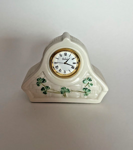 Belleek Killarney 1990s Mantel Clock Porcelain Shamrock Basketweave Irish works