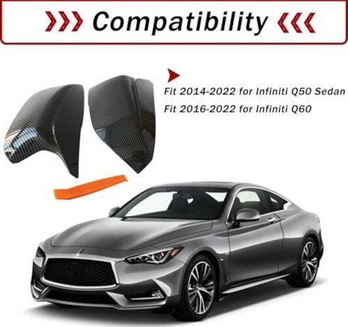 Mirror Covers Fit for 2014-2022 Infiniti Q50 2016-2022 Q60 Carbon Fiber Black - Picture 4 of 9