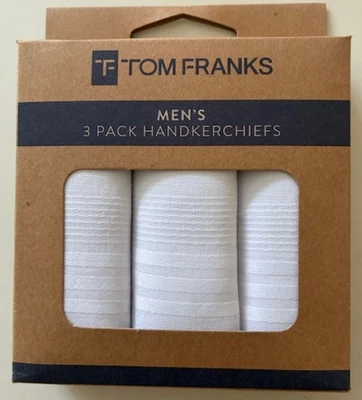 RJM PACK OF 3 MENS WHITE HANDKERCHIEFS/HANKIES - BOXED - 35% COTTON / 65% POLYESTER