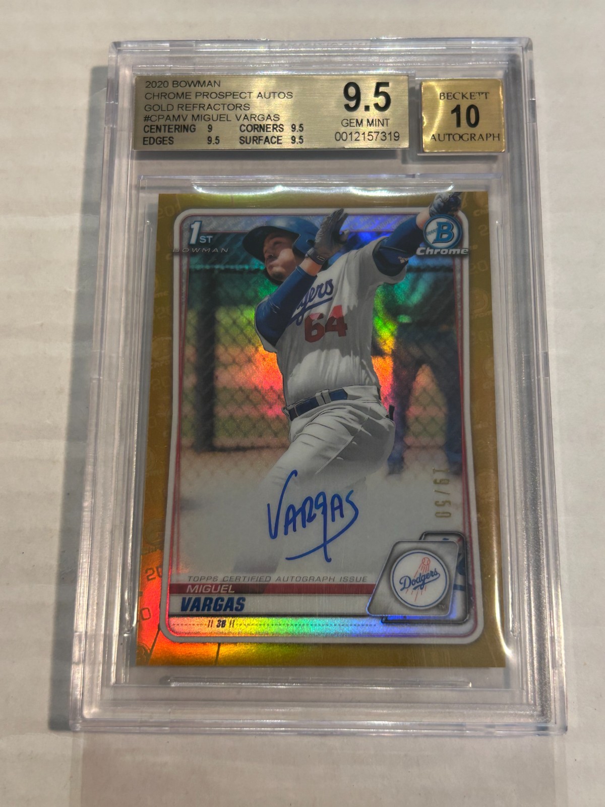 2020 BOWMAN CHROME MIGUEL VARGAS 19/50 GOLD REFRACTOR AUTO BGS 9.5/10 DODGER CS1