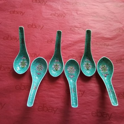 Set/6 Antique Chinese Famille Rose Mun Shou Longevity Turquoise  display picture 1