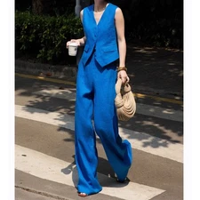 Fashion Summer Linen Sleeveless Vest Set Women's Wide Leg Pants OL Two Piece Set