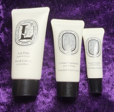Diptyque Qatar Travel Set 3pc Lip Balm Fresh Body Lotion Essential Face Cream