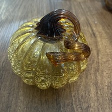 Blown Crackle Art Glass Pumpkin Orange Amber Brown Curly Stem Fall Harvest
