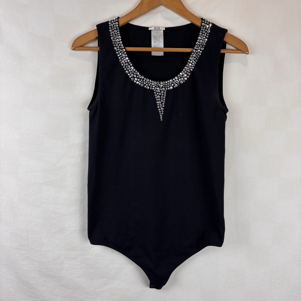 Wolford Diamante Neckline Bodysuit Womens M Black Sleeveless Designer Party Top