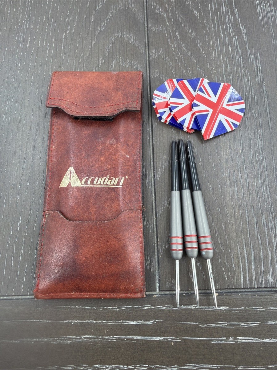 Vintage Accudart Set of 3 Steel Tip Darts with Flights In Leather