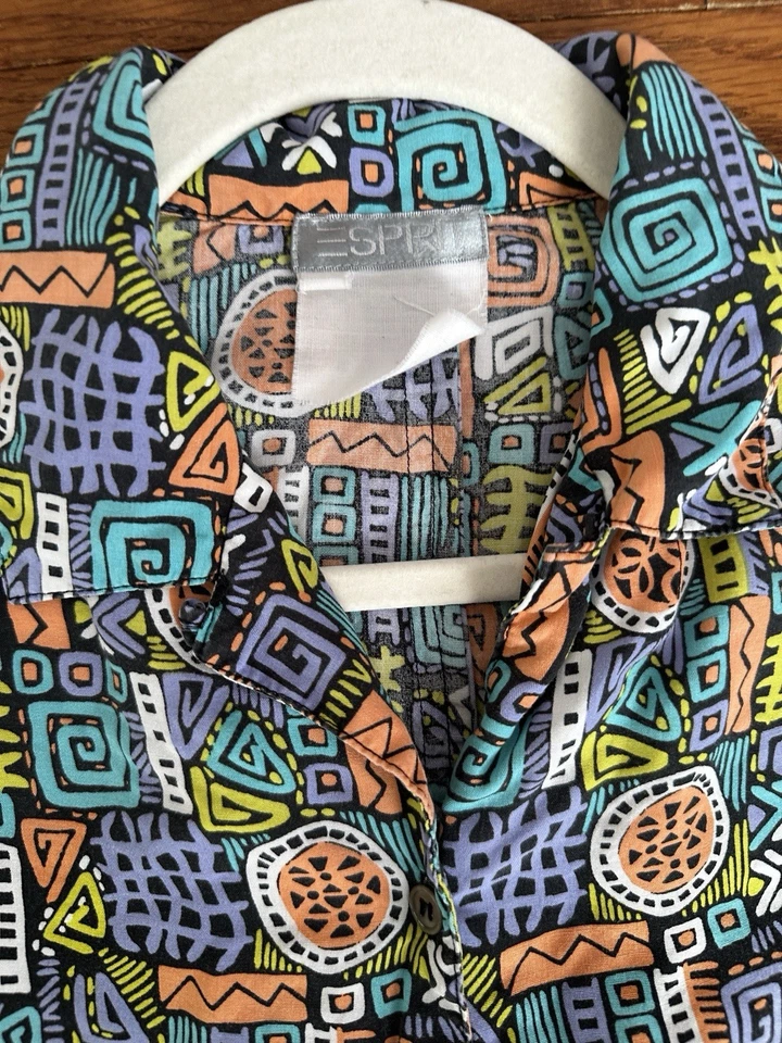 Camisa Vintage Esprit Abstracta Estampado Geométrico Abotonada Años 90 Multicolor Talla M Foto 2 de 4