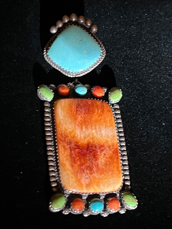 Silver, turquoise, coral signed Navajo B. Joe  Native American pendant Jewelry