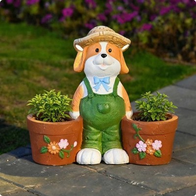 Dog Planter Statue Raised Floral Details Solar Dog Planter Outdoor Decor Straw