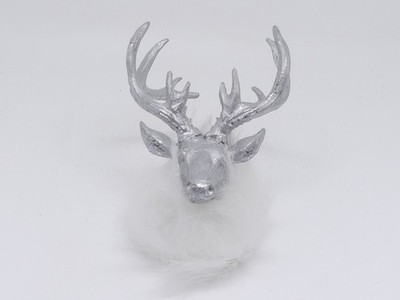 Deko Hirschkopf Silber Polyresin mit Haarkranz und Glitzer Winter Dekofigur