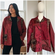 Chico  s Sz 2 US Large Patchwork Silk Blend Blazer Jacket Embroidered Boho Artsy