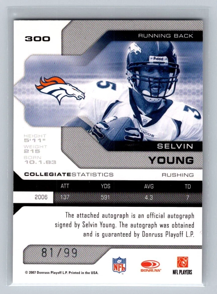 2007 Leaf Limited Rookie Monikers Silver #300 Selvin Young Auto RC /99 Broncos - Image 2 of 2
