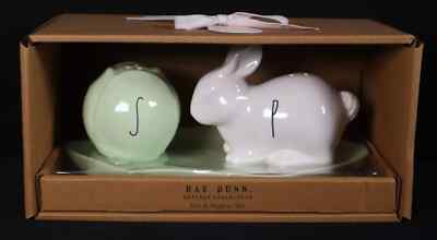 Rae Dunn SALT & PEPPER Cabbage and Bunny Rabbit 3pc Set w/ Green Leaf Underplate
