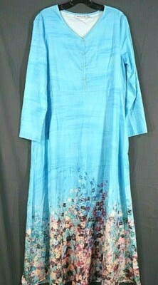 #ad MISSLOOK Lightweight Silky RETRO BLUE FLORAL 1 4 Button Maxi Dress KAFTAN sz S $8.45