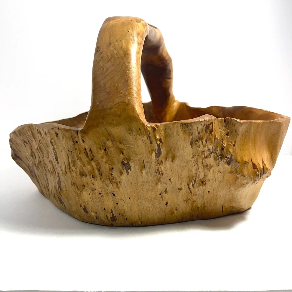 Cesta de madera tallada artista grande de colección ojo de pájaro arce burl madera árbol tocón firmado Foto 2 de 4