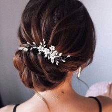 Silver Pearl Flower Bride Wedding Hair Comb Crystal Leaf Bridal Accessory