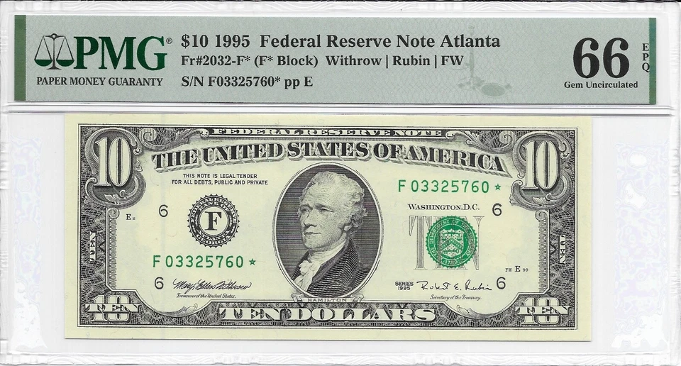 1995 $10 ATLANTA * STAR * ⭐️ FRN. PMG GEM Uncirculated 66 EPQ Banknote. SCARCE - Image 2 of 3