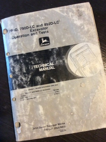John Deere 790D 790D-LC 892D-LC Excavator Test Manual cover with black text and yellow border on aged beige paper.
