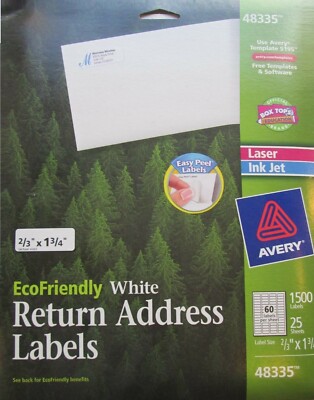 #48335 AVERY ECOFRIENDLY WHITE EASY PEEL RETURN ADDRESS 1500 LABELS FREE SHIP US