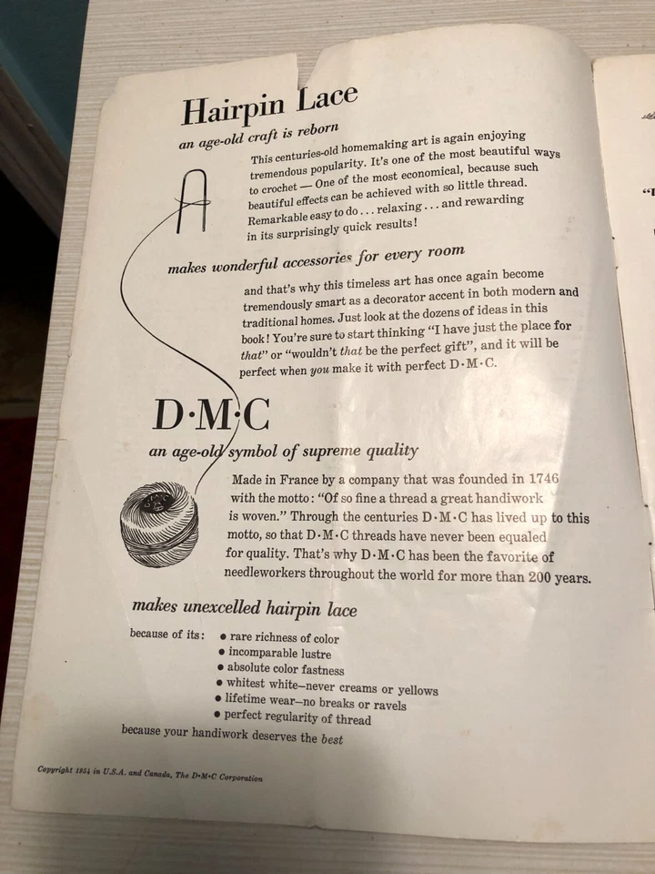 New Hairpin Lace Ideas D.M.C Crochet Magazine Doilies Scarfs 1954 Vol. 408 Vtg - Image 3 of 4