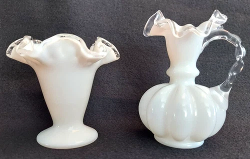 Vintage Fenton Silver Crest White Milk Glass Ruffled Pitcher and Vase 4 - 5 inch