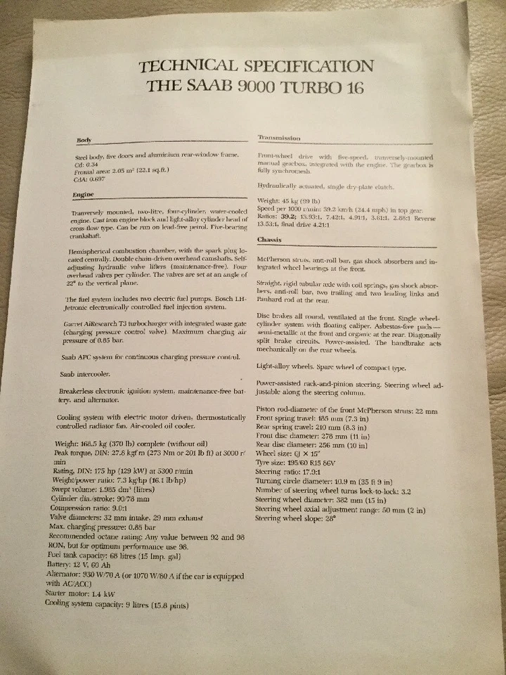 Saab 9000 Turbo 16 Car Brochure - 1984 - Image 2 of 2