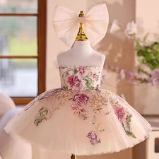 Girl Elegant Floral Dress Strapless Sash Bow Sleeveless Festival Party Ball Gown