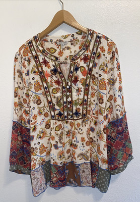 John Mark Prarie Boho Patchwork Embroidered Paisley Blouse 3/4 Sleeve XL