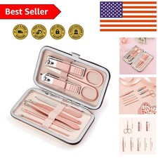 8-in-1 Professional Stainless Steel Manicure Set with Pink Leather Travel Case