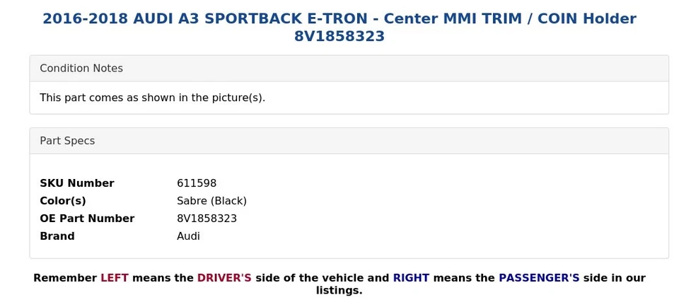 AUDI A3 SPORTBACK E-TRON 2016-2018 - moldura central MMI / soporte para moneda 8V1858323 Foto 4 de 4