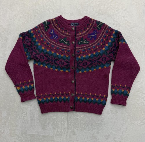 Vintage Woolrich Cardigan Sweater Womens Medium Purple Fair Isle Leaf Wool, Size M, $44