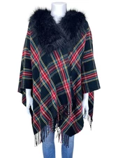 J. Crew Factory Women's Faux Fur Collar Tartan Plaid Cape Wrap Black Red