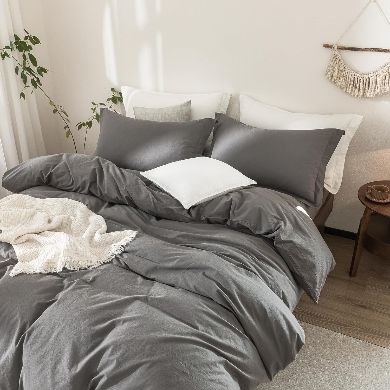 Dark Gray Cotton Duvet Cover Set with buttons in king, Twin XL and other size.