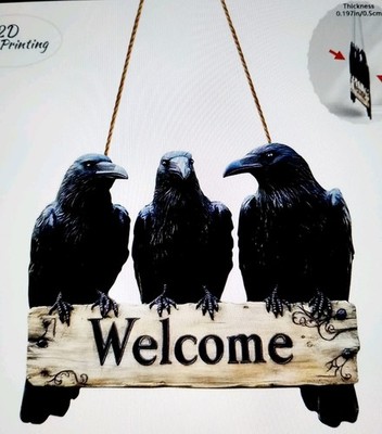 GOTHIC 3 KRÄHEN RABEN WILLKOMMEN HOLZ (LAGIG) SCHILD DEKO Neu Funky (flach) HÄNGUNG 21x25cm