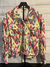 Savanna Jane Ikat Print Button Up Jacket M Rhinestone Fringe Collar Western