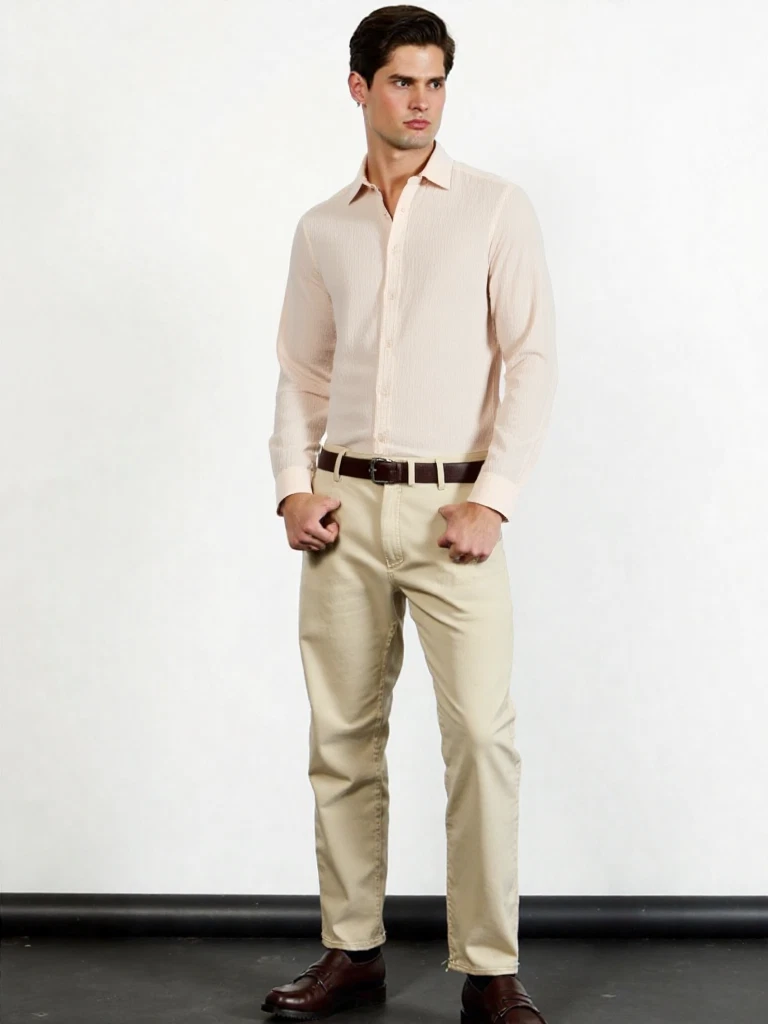 BLOOMINGDALES Shirt Mens XXL Tan Textured Button Up Long Sleeve 100% Linen