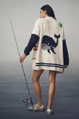 Anthropologie Maeve Nautical Buoy Cardigan Sweater Whale Seahorse